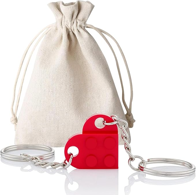 Devons Treasures Brick Heart Keyring, Couples Keychain Key Ring Gifts for Girlfriend Boyfriend 2 Pcs Matching Heart Colorful Keychains Couple Gifts Best Friend Keyring Set - Red
