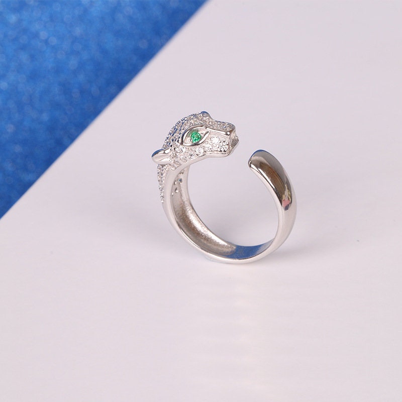 Sterling Silver Panther Ring, Diamante, Swarovski Animal Style Ring, Adjustable Band For Men And Women