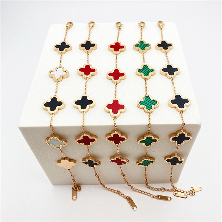 Black Four Leaf Pearl Clover Bracelet, Gold & Rose Gold, Stainless Steel Plating