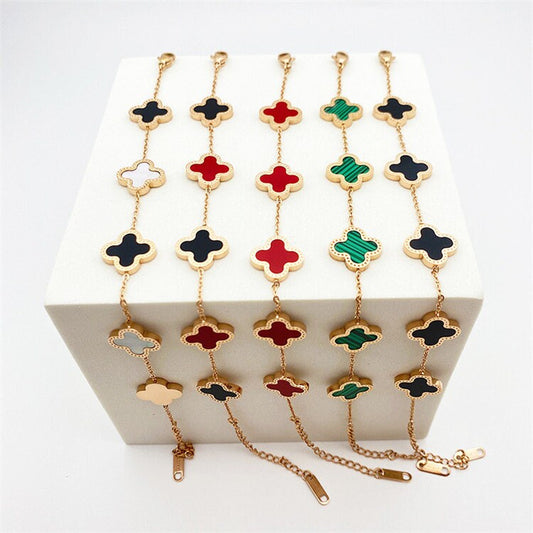 Black Four Leaf Pearl Clover Bracelet, Gold & Rose Gold, Stainless Steel Plating