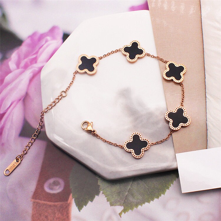 Black Four Leaf Pearl Clover Bracelet, Gold & Rose Gold, Stainless Steel Plating