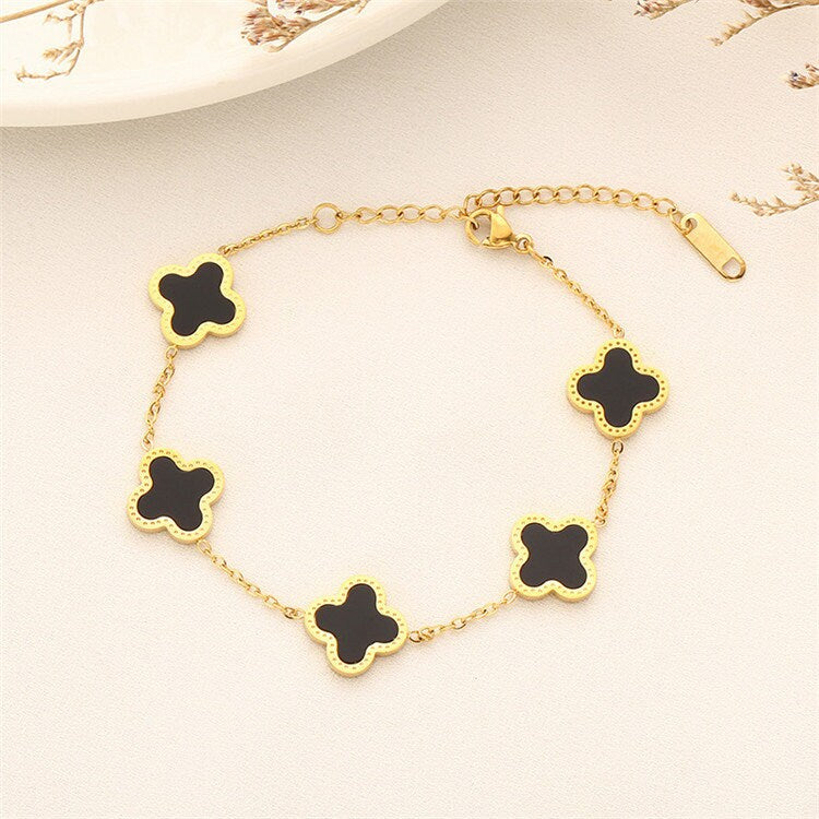 Black Four Leaf Pearl Clover Bracelet, Gold & Rose Gold, Stainless Steel Plating