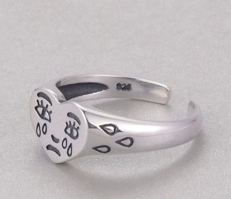 Crying Heart Face With Tears Ring, Sterling Silver Plated & Adjustable Size