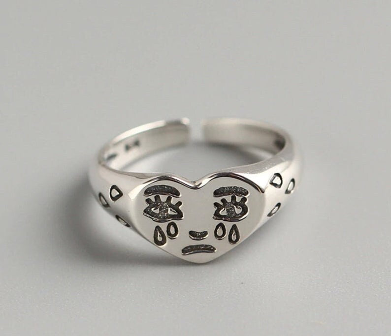 Crying Heart Face With Tears Ring, Sterling Silver Plated & Adjustable Size