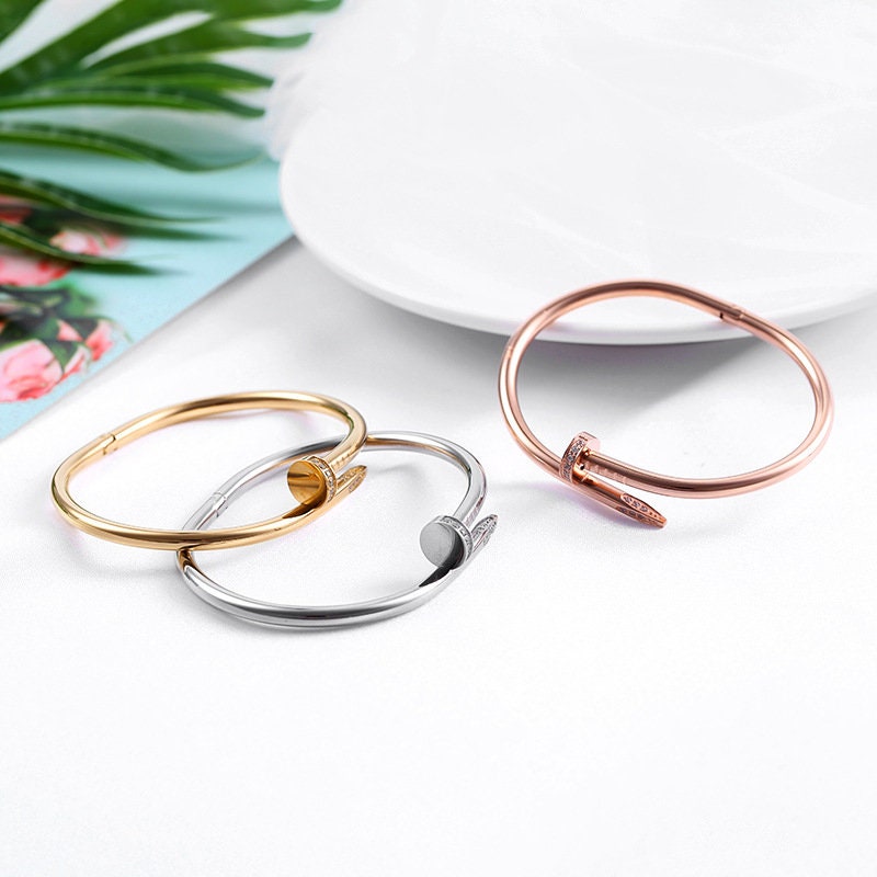 Unisex Rose Gold Nail High Fashion Bracelet, Stainless Steel Bangle For Women & Men