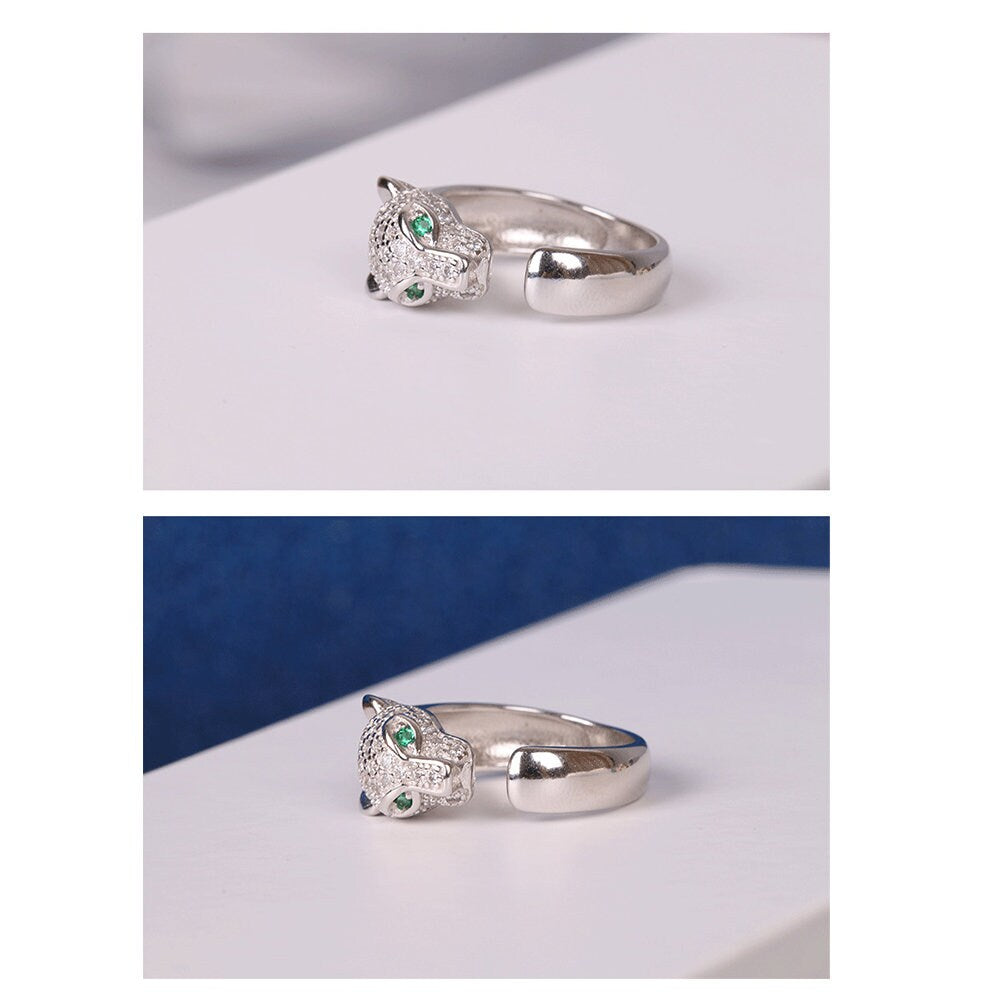 Sterling Silver Panther Ring, Diamante, Swarovski Animal Style Ring, Adjustable Band For Men And Women