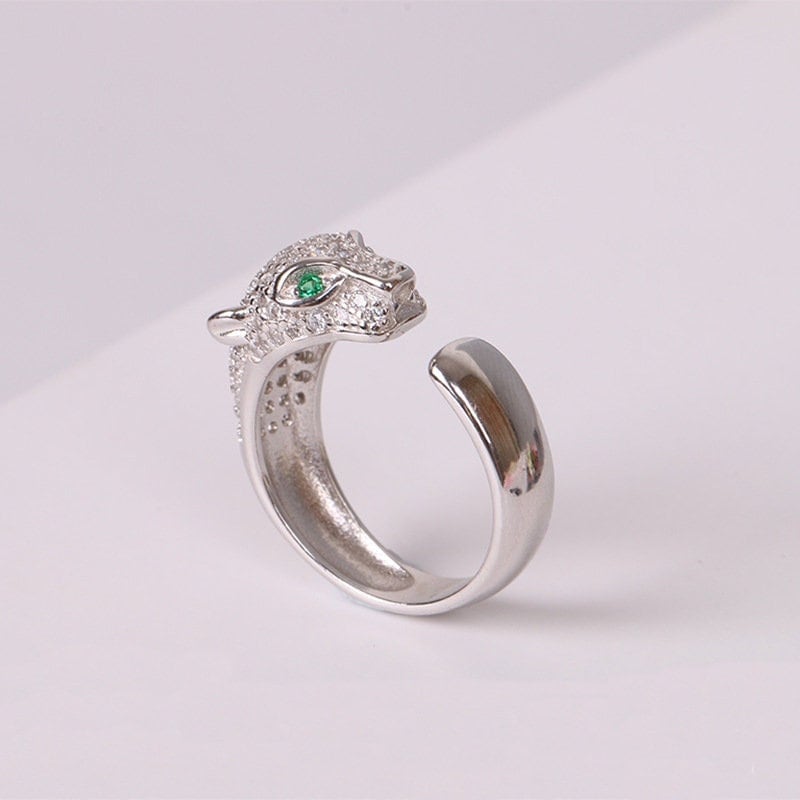 Sterling Silver Panther Ring, Diamante, Swarovski Animal Style Ring, Adjustable Band For Men And Women