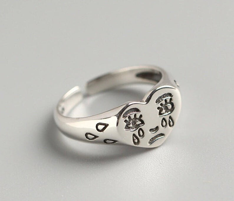 Crying Heart Face With Tears Ring, Sterling Silver Plated & Adjustable Size