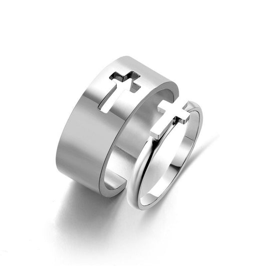 Stainless Steel Christian Cross Couples Ring, Gold And Silver