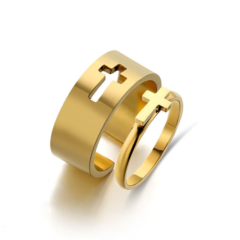 Stainless Steel Christian Cross Couples Ring, Gold And Silver