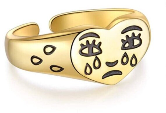 Crying Heart Face With Tears Ring, Sterling Silver Plated & Adjustable Size