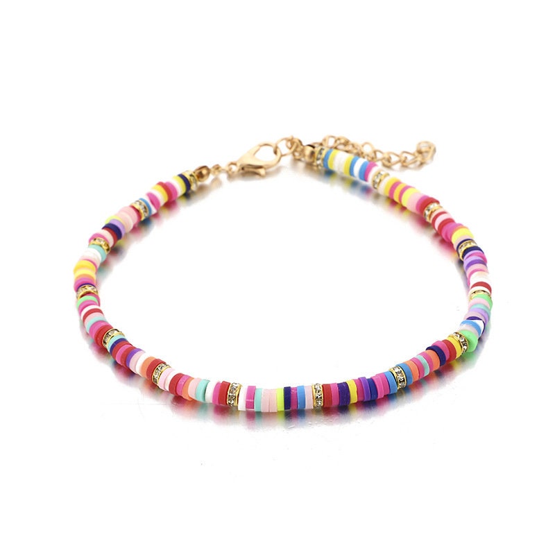 Heishi Bead Anklets, Candy Design and Gold Chain Set Of Two
