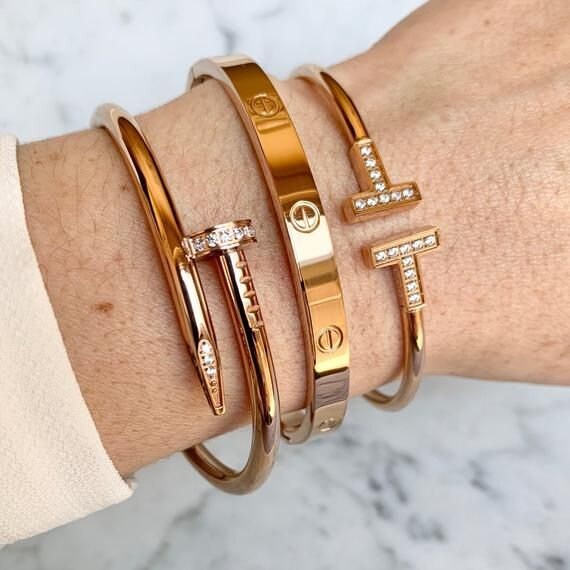 Unisex Gold Nail High Fashion Bracelet, Stainless Steel Bangle For Women & Men