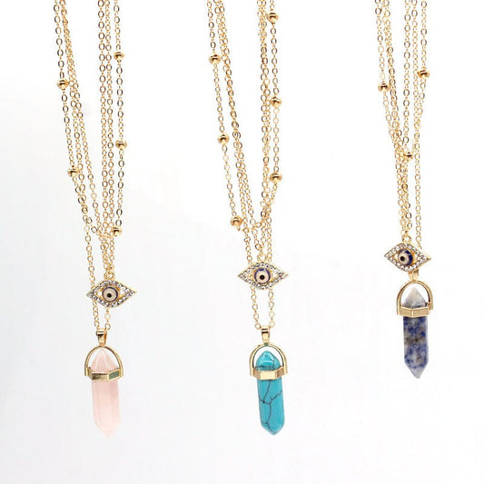 Healing Stone Chakra Necklaces, Bullet Shaped Crystal Gemstone Pendant With Lucky Eye Chain