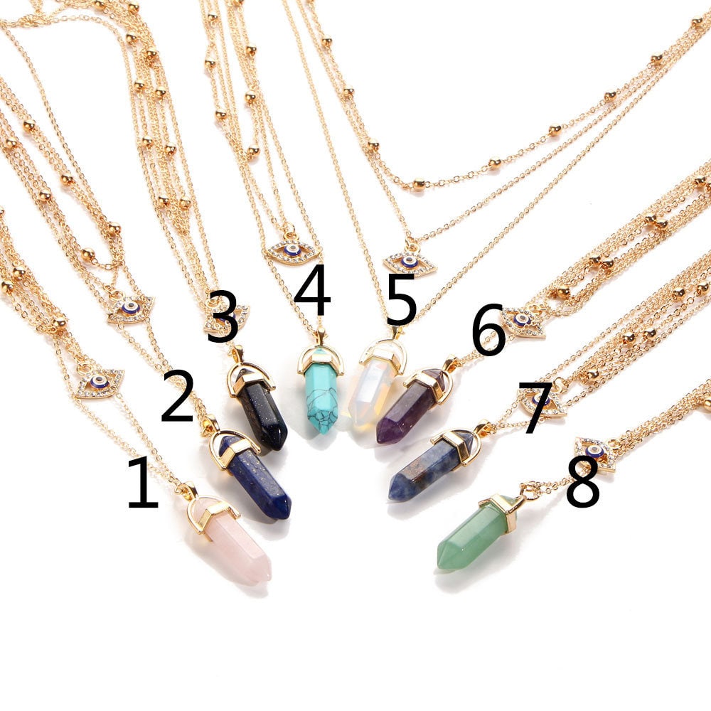 Healing Stone Chakra Necklaces, Bullet Shaped Crystal Gemstone Pendant With Lucky Eye Chain