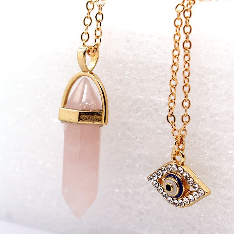 Healing Stone Chakra Necklaces, Bullet Shaped Crystal Gemstone Pendant With Lucky Eye Chain