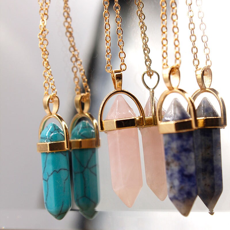 Healing Stone Chakra Necklaces, Bullet Shaped Crystal Gemstone Pendant With Lucky Eye Chain