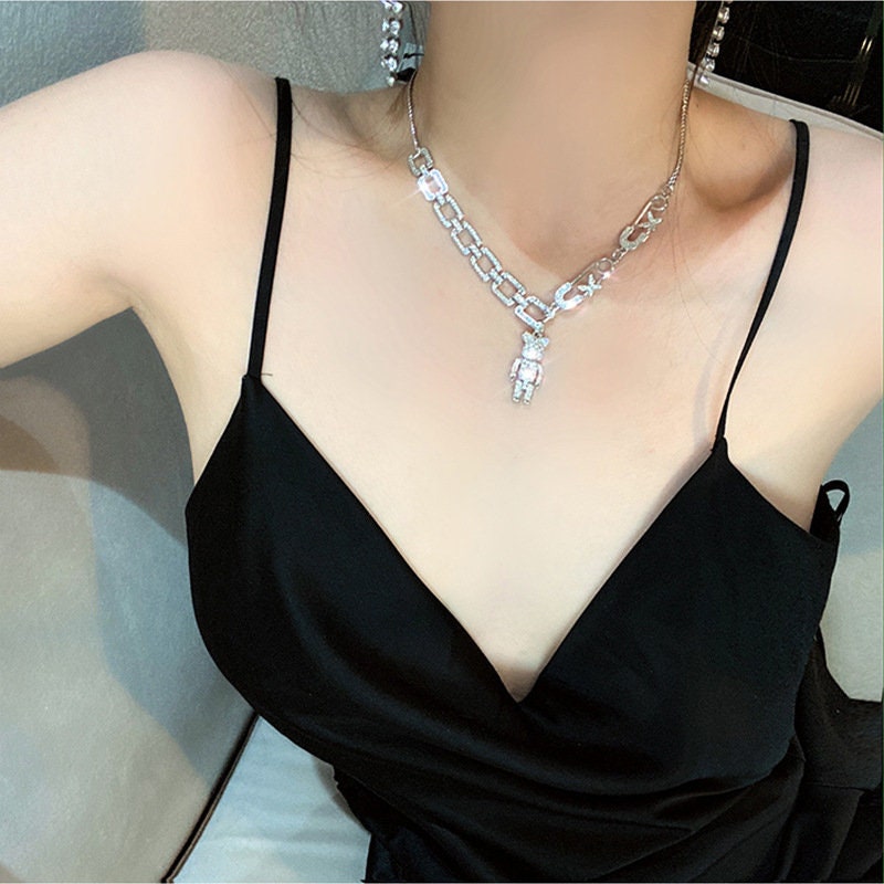 Silver Iced Out Teddy Bear Necklace