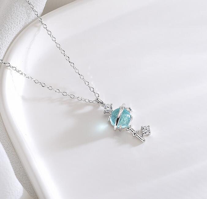 Blue Crystal Planet Key Necklace