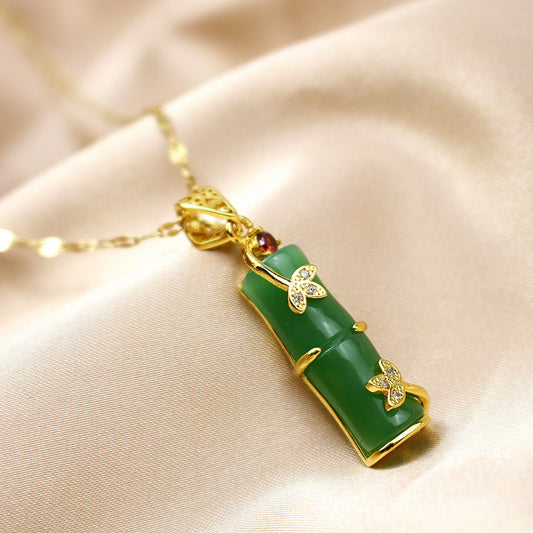 Gold Plated Stainless Steel Necklace Jewelry Long Bamboo Shape Green Jade Gemstone Pendant Necklace