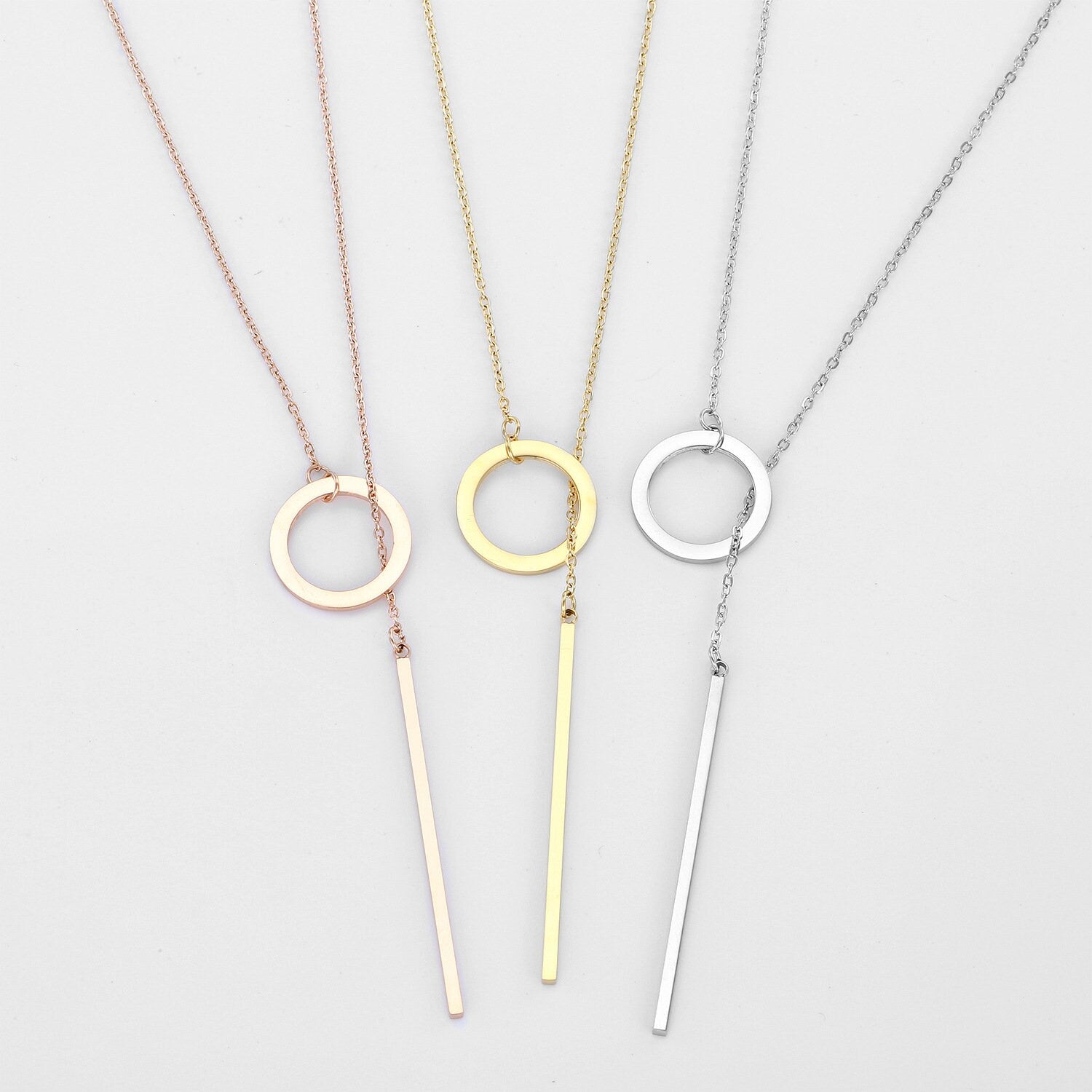 Geometric Clavicle Chain Circular Stacked Long Pendant Necklace Stainless Steel (Gold, Silver, Rose gold)