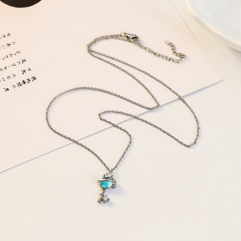 Blue Crystal Planet Key Necklace