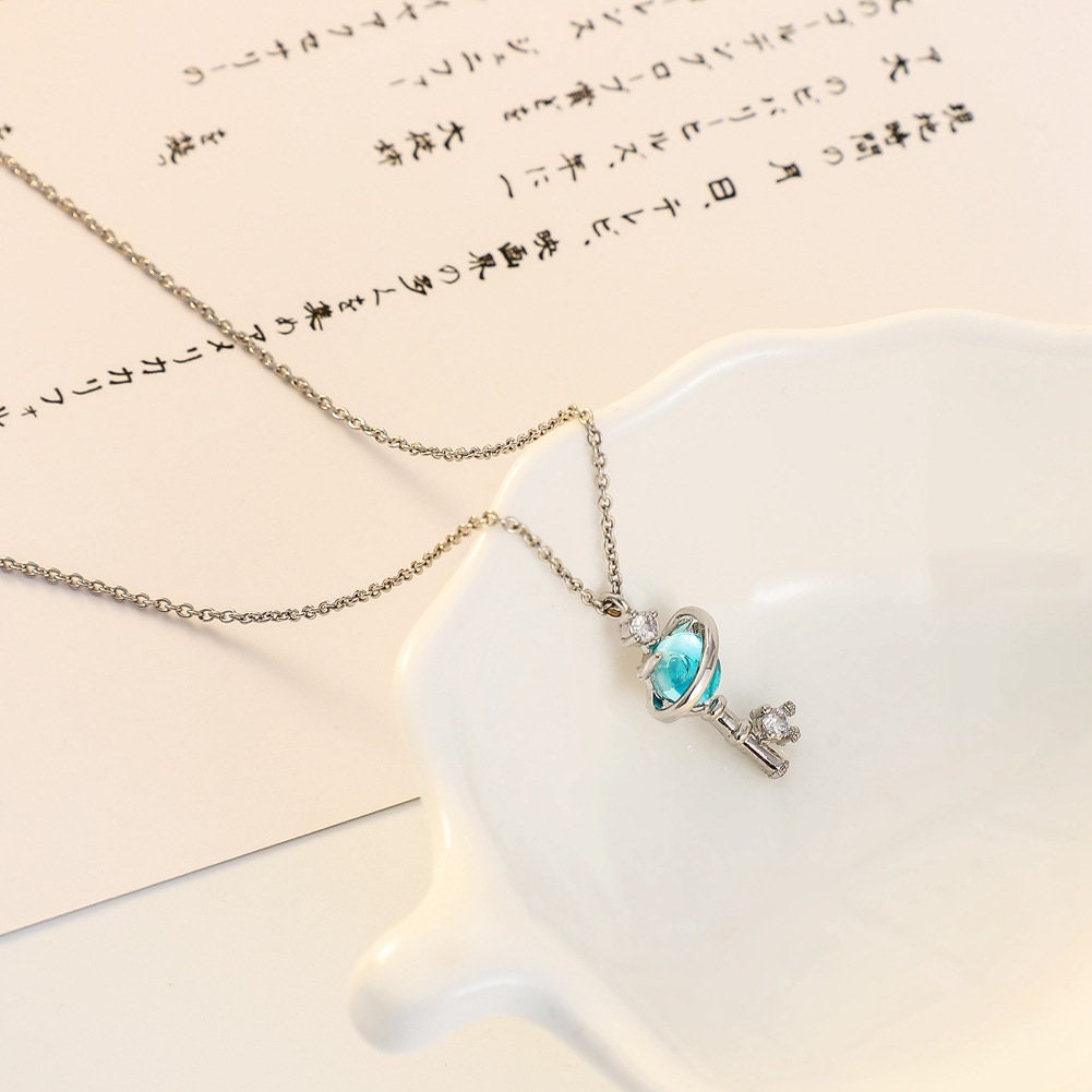 Blue Crystal Planet Key Necklace