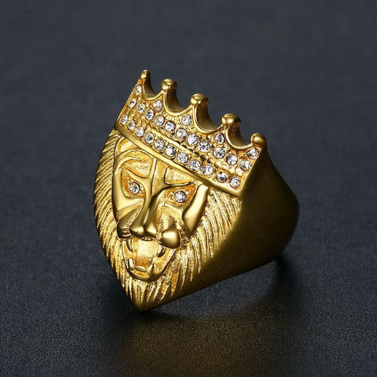Crown Lion Ring Gold Plated Hip Hop Jewelry Mens Statement Ring Titanium Steel