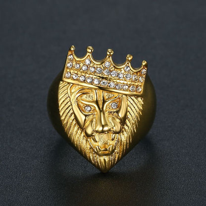 Crown Lion Ring Gold Plated Hip Hop Jewelry Mens Statement Ring Titanium Steel