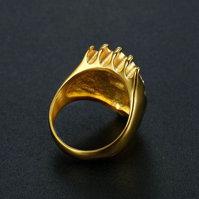 Crown Lion Ring Gold Plated Hip Hop Jewelry Mens Statement Ring Titanium Steel