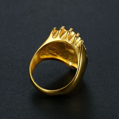 Crown Lion Ring Gold Plated Hip Hop Jewelry Mens Statement Ring Titanium Steel