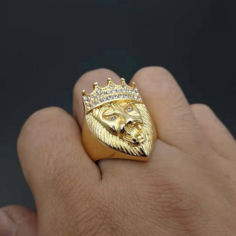 Crown Lion Ring Gold Plated Hip Hop Jewelry Mens Statement Ring Titanium Steel