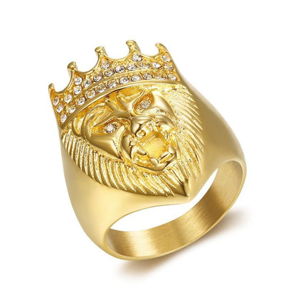 Crown Lion Ring Gold Plated Hip Hop Jewelry Mens Statement Ring Titanium Steel