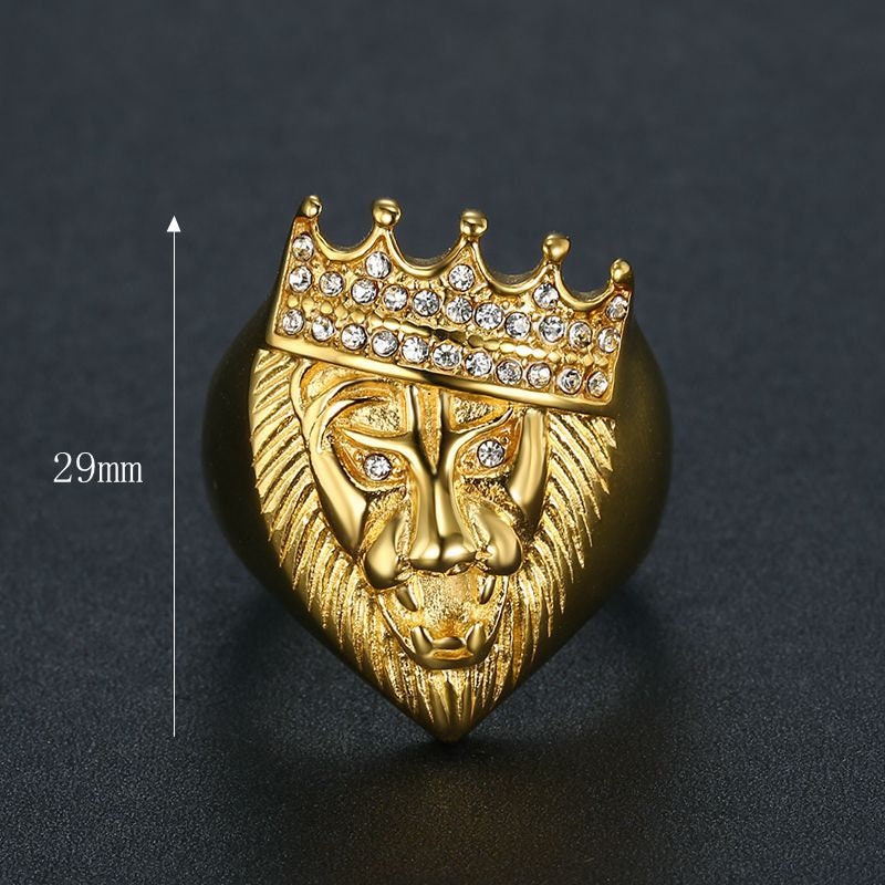 Crown Lion Ring Gold Plated Hip Hop Jewelry Mens Statement Ring Titanium Steel