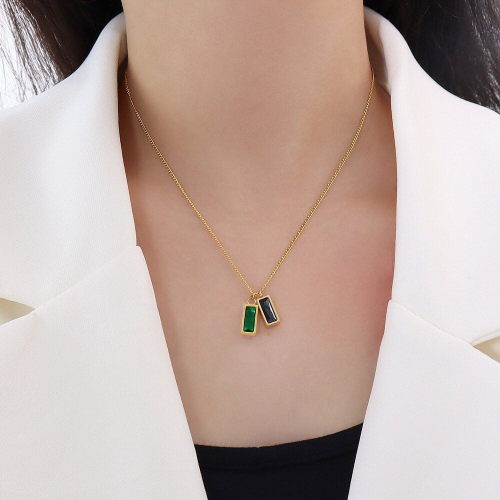 Black And Emerald Stainless Steel Pendant Necklace