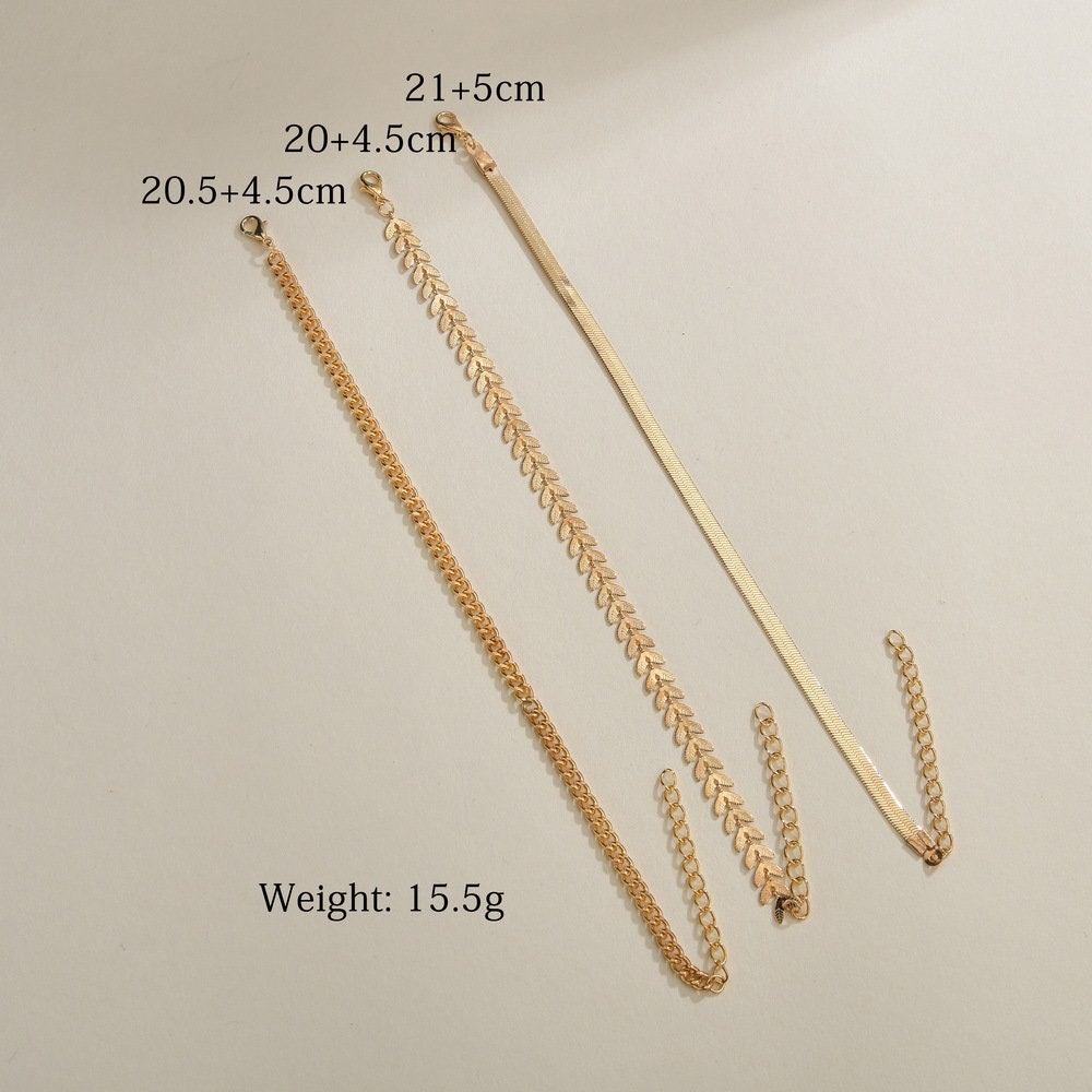 Gold Chain Boho Anklets, Pack Of 3