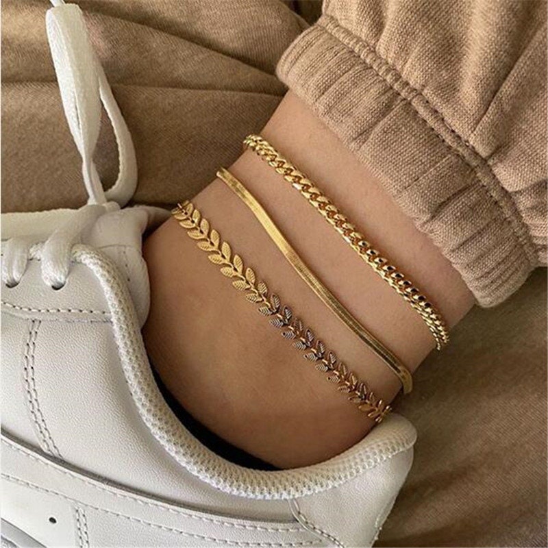 Gold Chain Boho Anklets, Pack Of 3