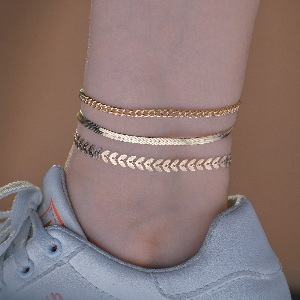 Gold Chain Boho Anklets, Pack Of 3