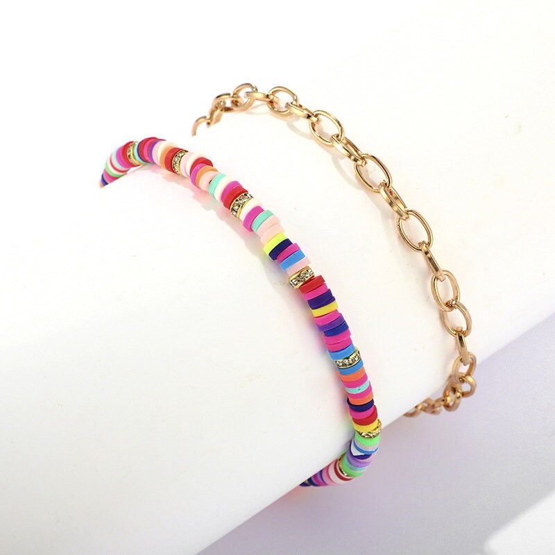 Heishi Bead Anklets, Candy Design and Gold Chain Set Of Two