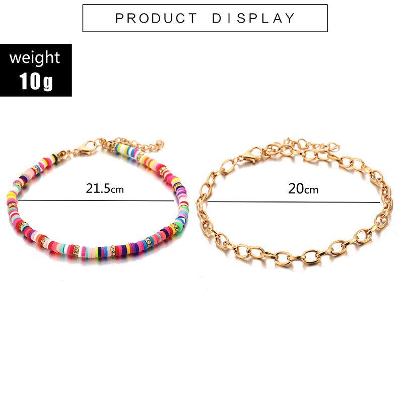 Heishi Bead Anklets, Candy Design and Gold Chain Set Of Two