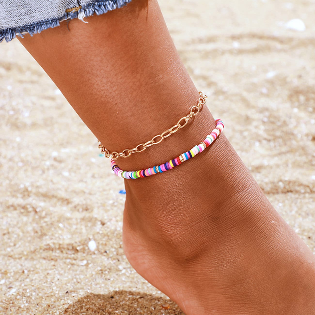 Heishi Bead Anklets, Candy Design and Gold Chain Set Of Two