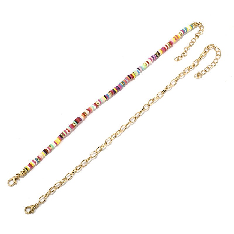 Heishi Bead Anklets, Candy Design and Gold Chain Set Of Two