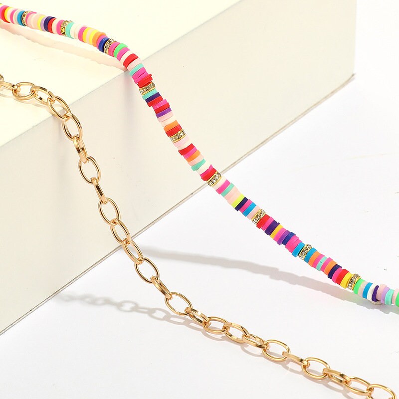 Heishi Bead Anklets, Candy Design and Gold Chain Set Of Two