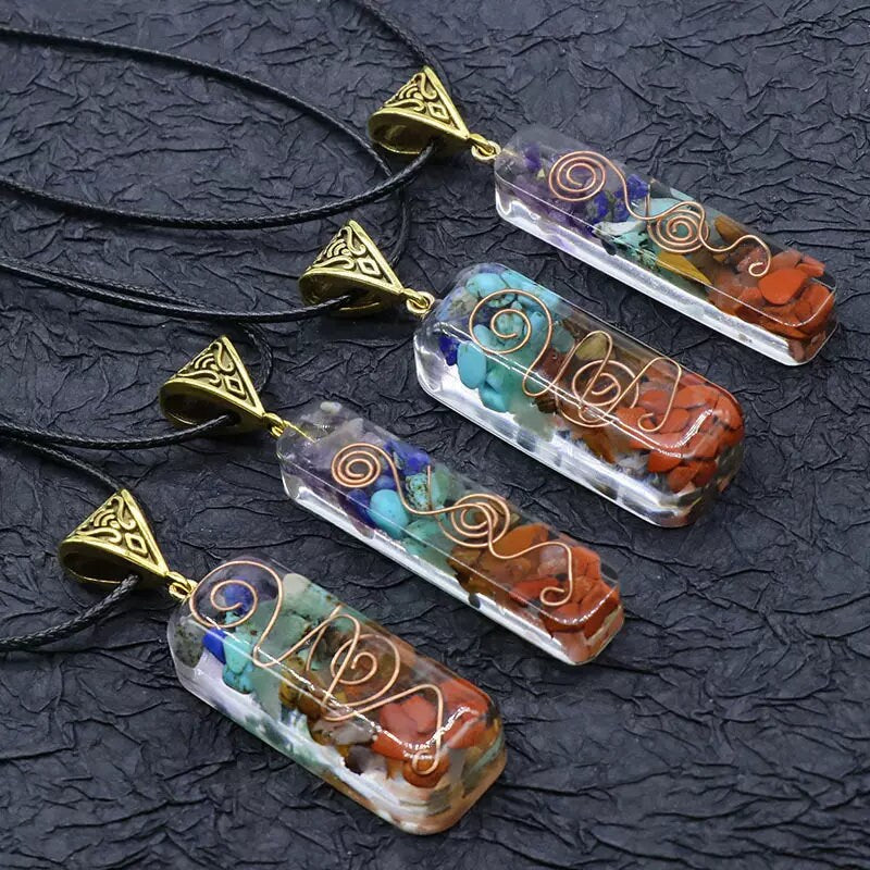 Reiki Healing Stone Natural Seven Chakra Orgone Energy Pendant Necklace Colorful Crystal Gravel Stones 7 Chakra Necklace