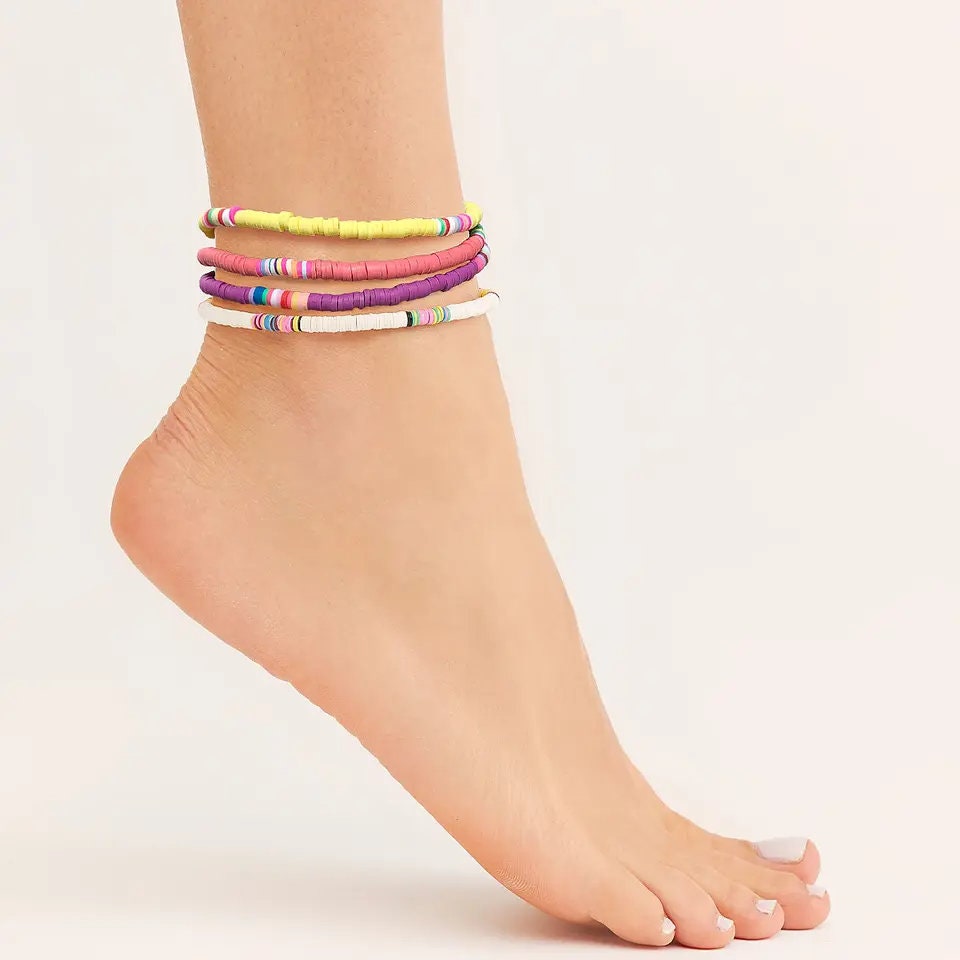 Boho Ethnic Beach Foot Chain Handmade Polymer Clay Disc Beaded Anklet Bracelet Adjustable