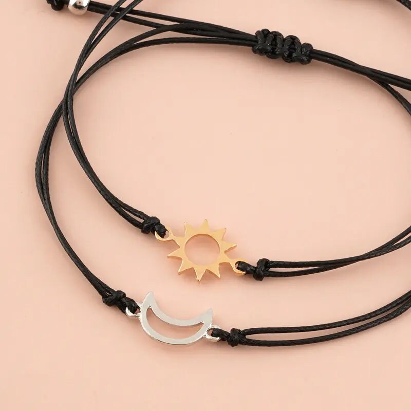 Handmade Braided Black String Bracelet Bohemian Sun Moon Charm Bracelets