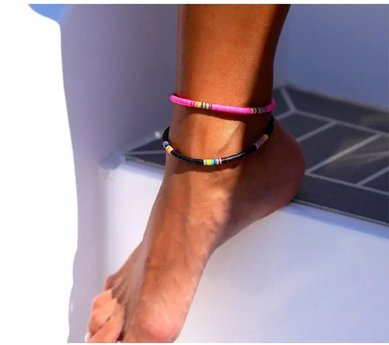 Boho Ethnic Beach Foot Chain Handmade Polymer Clay Disc Beaded Anklet Bracelet Adjustable