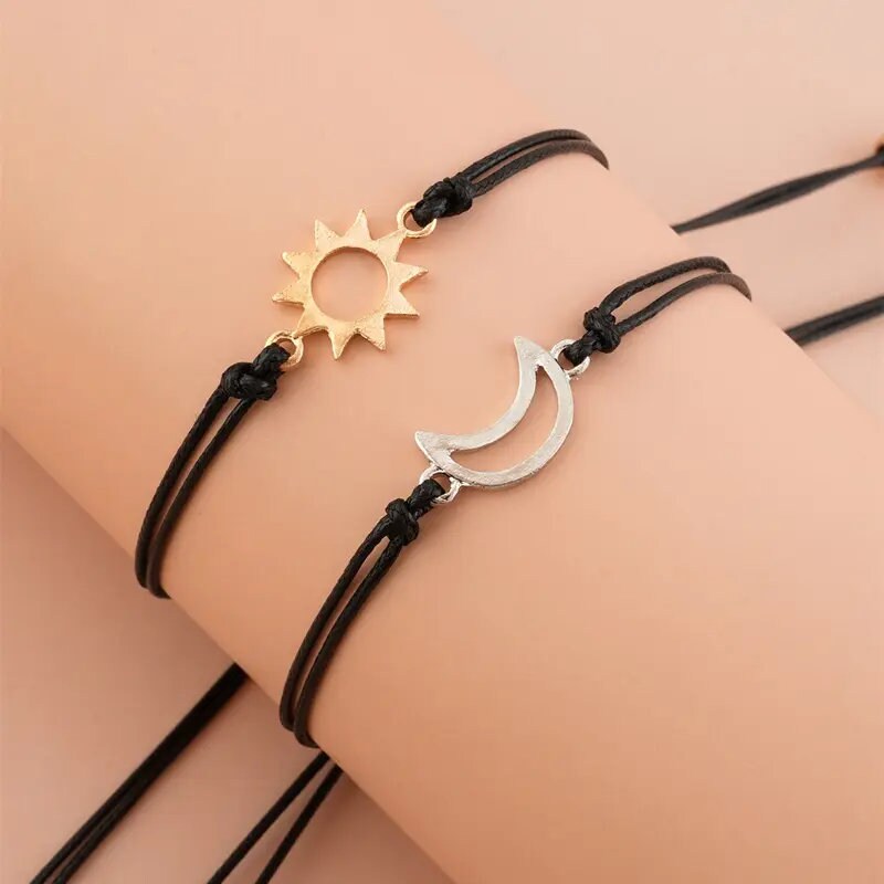 Handmade Braided Black String Bracelet Bohemian Sun Moon Charm Bracelets